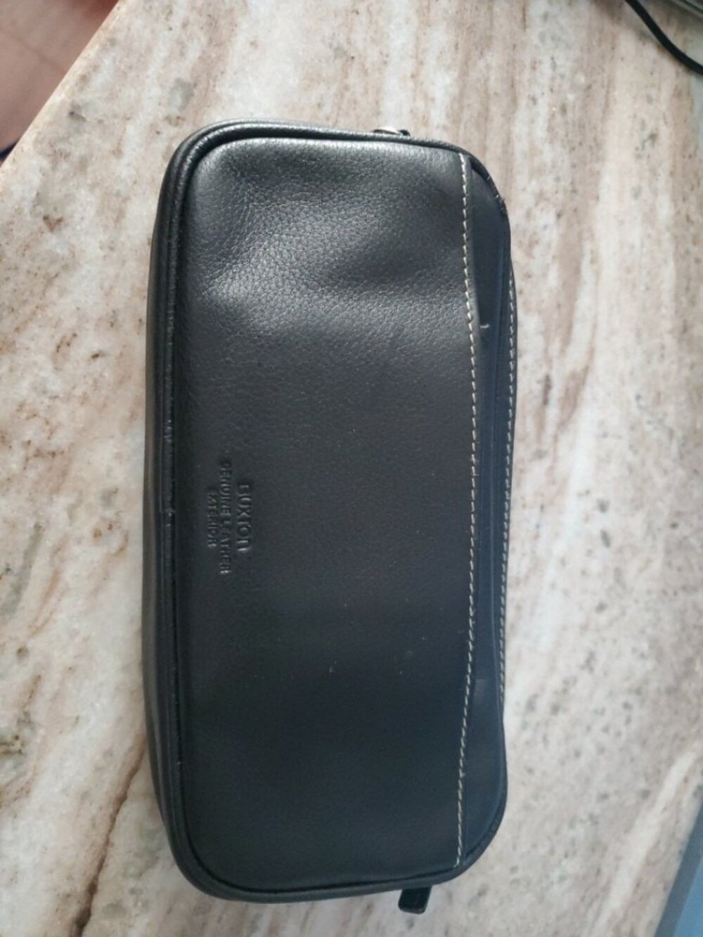Vintage Buxton Black Leather Dopp Kit Travel Bag Contrast Stitch Shave Case
